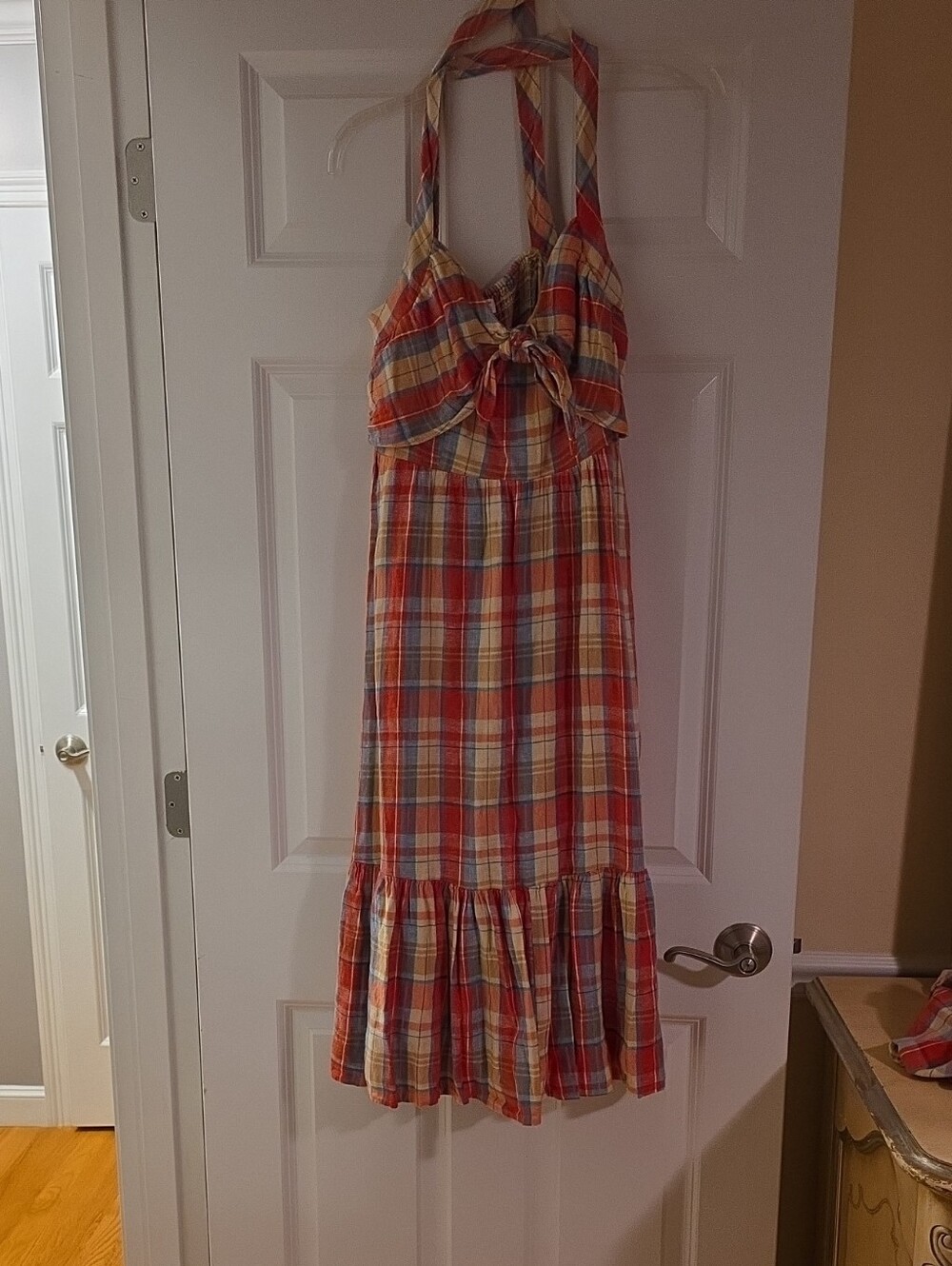 LC Lauren Conrad Red, Cream & Blue Plaid Halter Maxi Dress